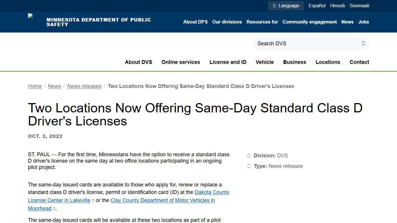 Two Locations Now Offering Same-Day Standard Class D Driver's Licenses Minnesota Department of Public Safety