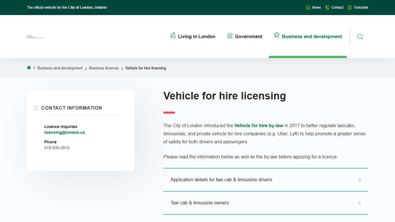 Vehicle for hire licensing City of London