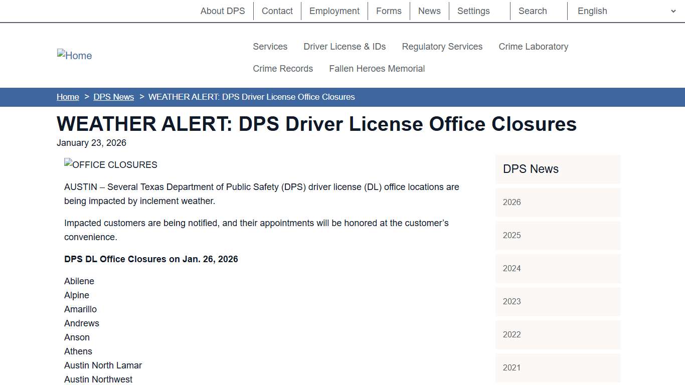 WEATHER ALERT: DPS Driver License Office Closures Department of Public Safety